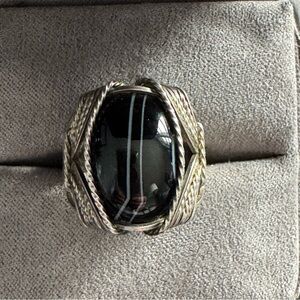 Artisan Wire-Wrapped Sterling Ring – Sculptural Black Agate Cabochon